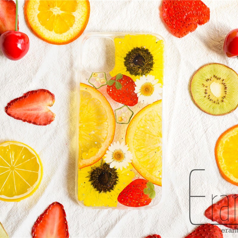 ひまわり』押し花 ドライフラワー フルーツ スマホケース iPhone
