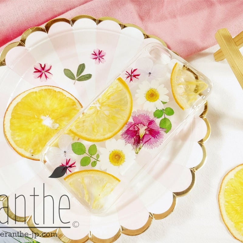 オレンジ』押し花 ドライフラワー フルーツ スマホケース iPhone