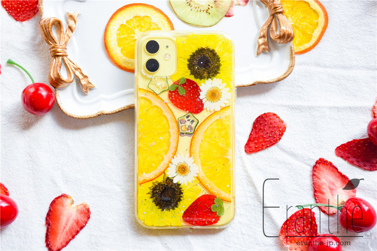 ひまわり』押し花 ドライフラワー フルーツ スマホケース iPhone 