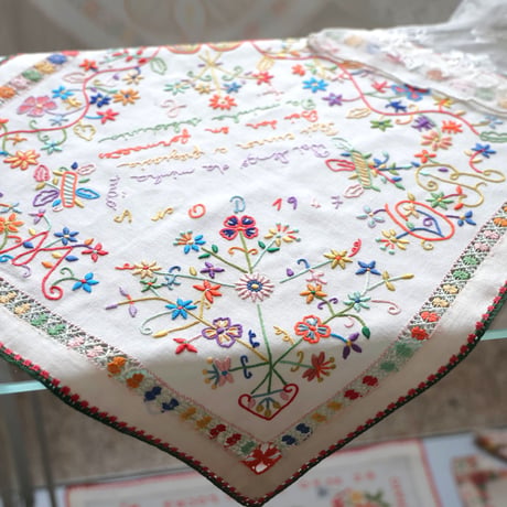 恋人たちのハンカチ刺繍のパン袋（鳩／黄緑）