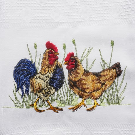 MAWISS　刺繍のキッチンクロス　二羽のニワトリ