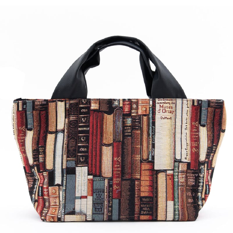 ハンドルがポイントファスナー開閉のトートバッグ 本棚柄 | バッグ工房