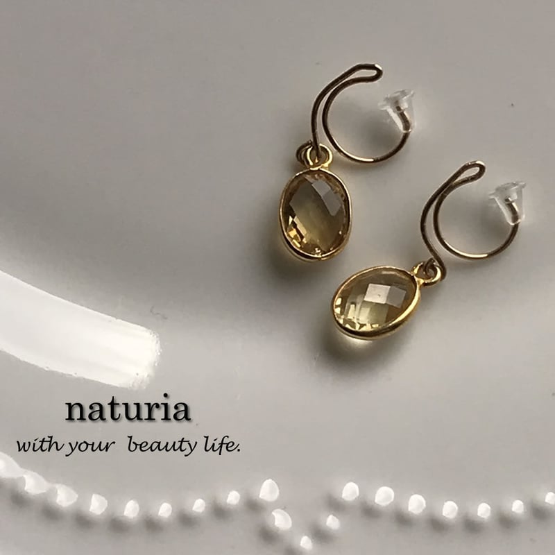 ピアス風】シトリンのゴールドフレームノンホールピアス 14kgf  