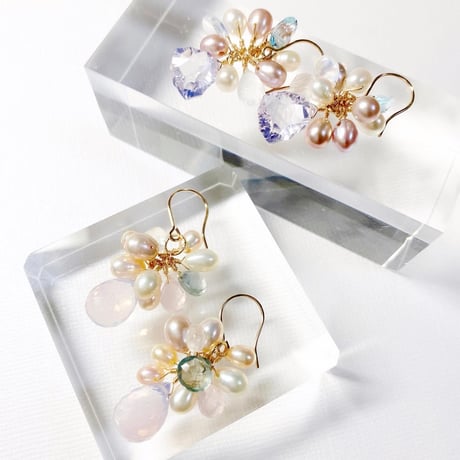 Scorolite×Aquamarine×Pearl＆Scorolite×Blue Topaz×Pearl/ピアス イヤリング