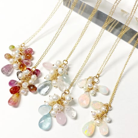 aquamarine&morganite＆pearl/14kgfネックレス