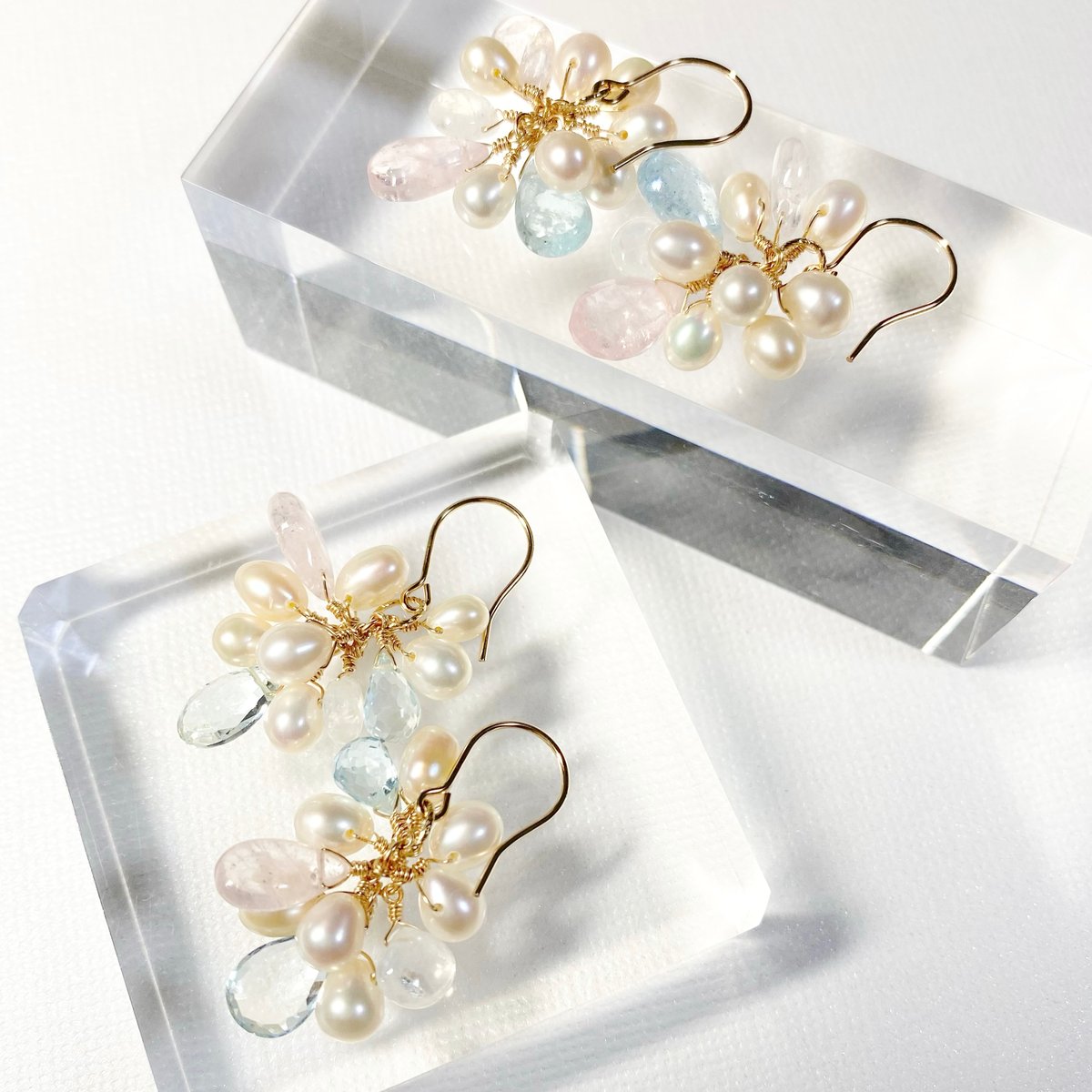 Morganite×Aquamarine×Pearl/ピアス イヤリング | nenenjew