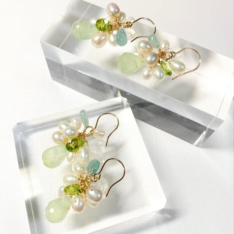 Prehnite×Peridot×Pearl/ピアス イヤリング