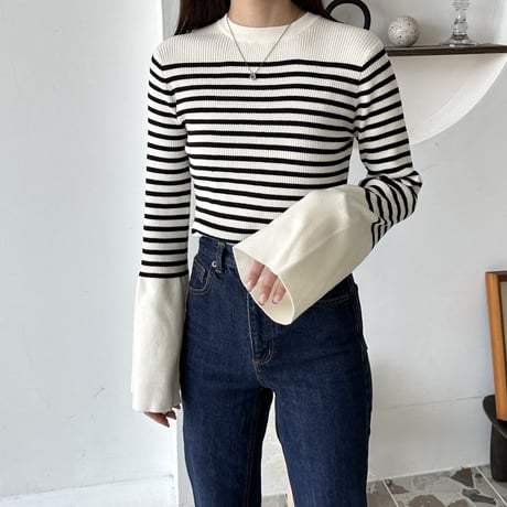 flare sleeve compact border knit