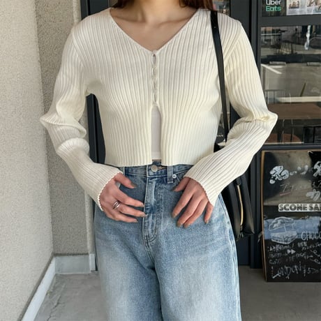 button rib short cardigan