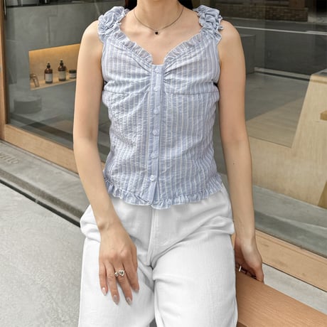 【SAMPLE SALE】stripe gather frill  blouse