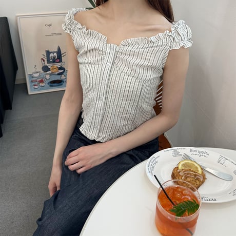 【SAMPLE SALE】stripe gather frill  blouse