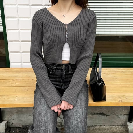 button rib short cardigan