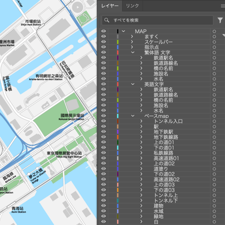東京 豊洲・お台場 ベクター地図データ(eps) 中国語繁体字 / 英語 並記版