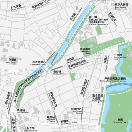 東京 飯田橋・市ヶ谷・四ツ谷 ベクター地図データ(eps) 中国語繁体字 / 英語 並記版