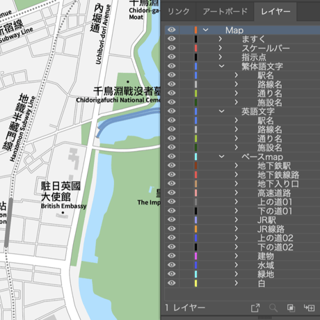 東京 飯田橋・市ヶ谷・四ツ谷 ベクター地図データ(eps) 中国語繁体字 / 英語 並記版