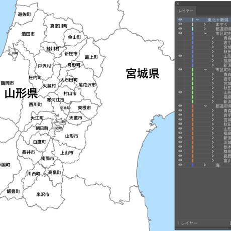 東北＋新潟 市区町村別 白地図データ（eps）