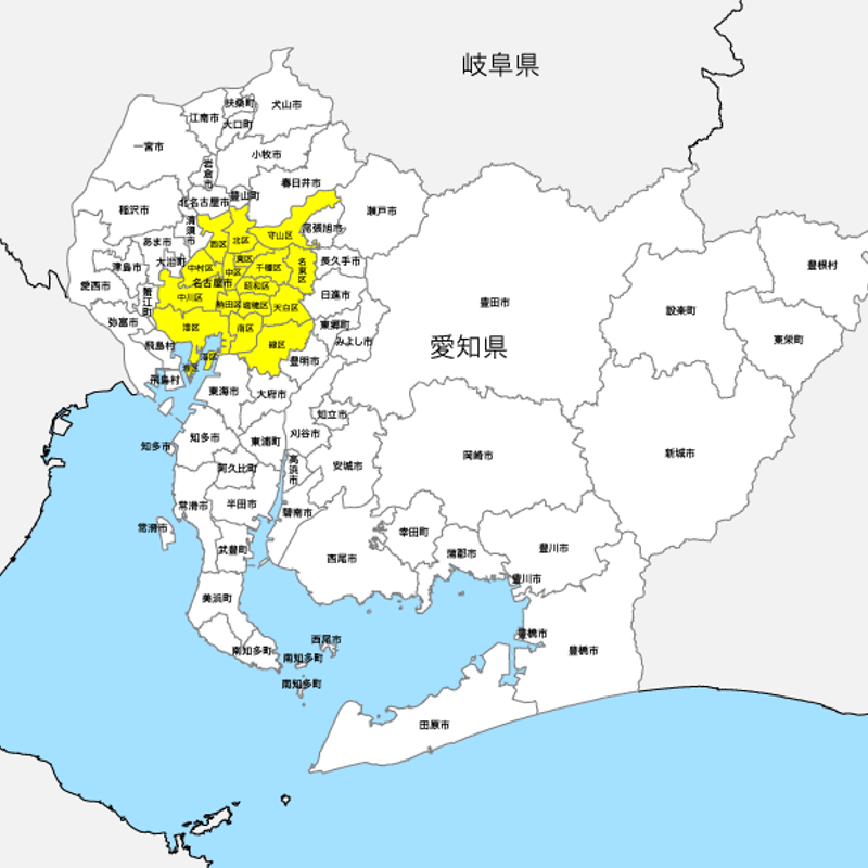 愛知県 市区町村別 白地図 PDFデータ | 地図素材をダウンロードにて