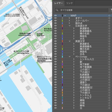 東京 豊洲・お台場 ベクター地図データ(eps) 日本語/英語 並記版