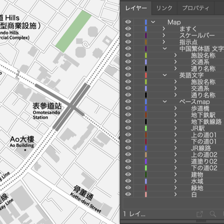 東京 原宿・表参道・青山 ベクター地図データ(eps) 繁体語/英語 並記版
