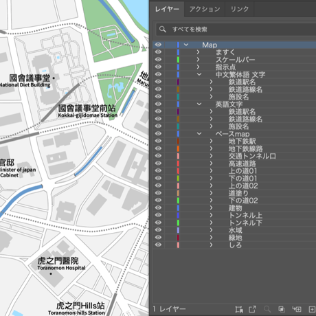 東京 赤坂・永田町・霞ヶ関 ベクター地図データ(eps)  中国語（繁体字）/ 英語 並記版