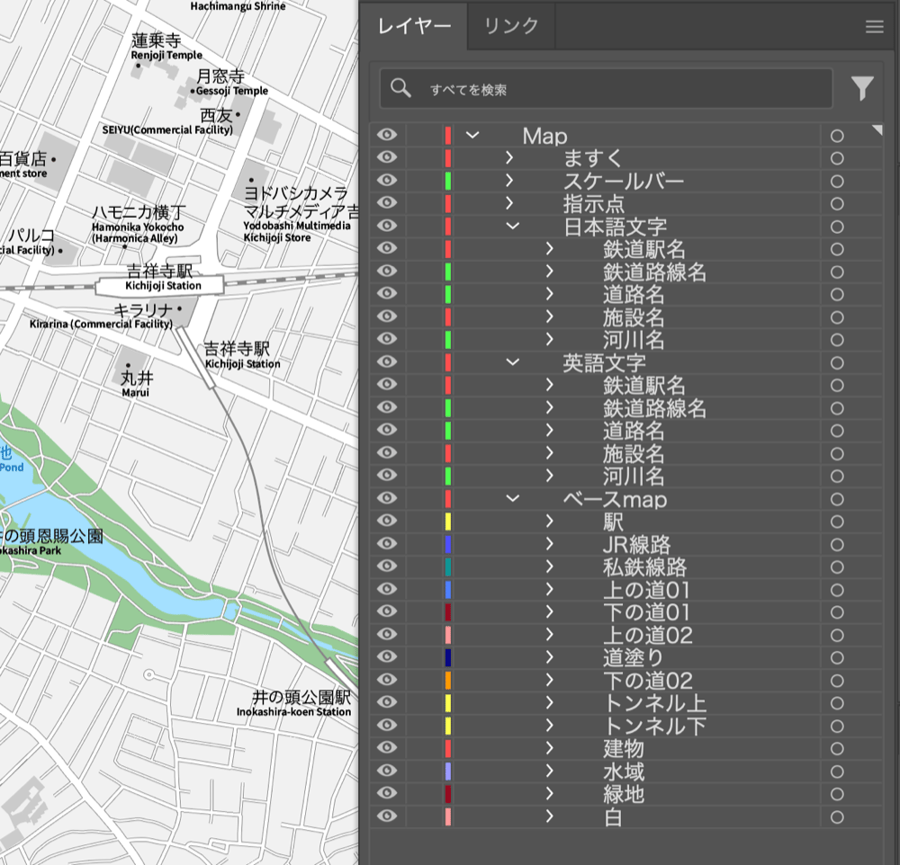 東京 三鷹・吉祥寺 ベクター地図データ(eps) 日本語/英語 並記版