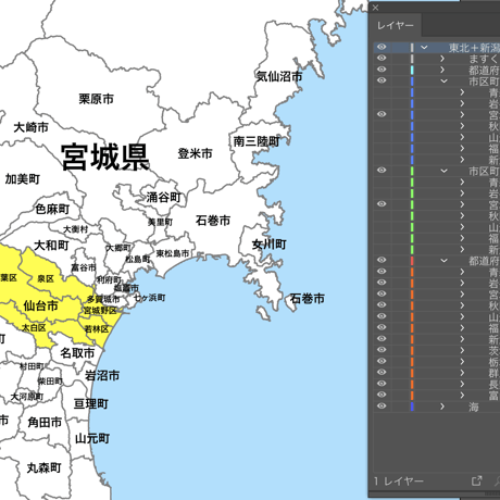 東北＋新潟 市区町村別 白地図データ（eps）