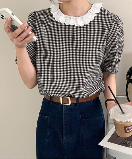 gingham check lace blouse(ネコポス)