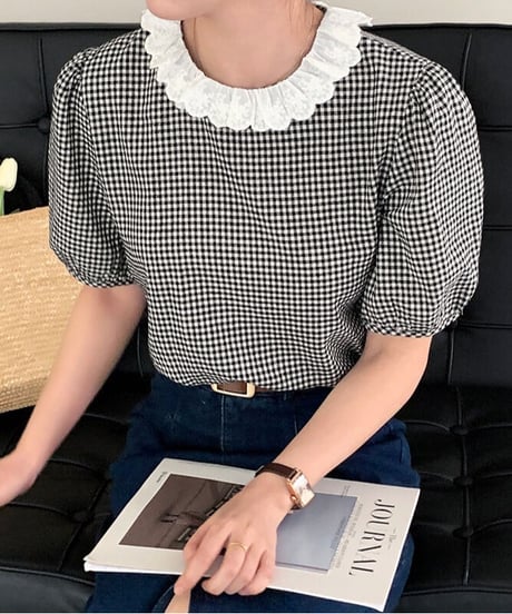 gingham check lace blouse(ネコポス)