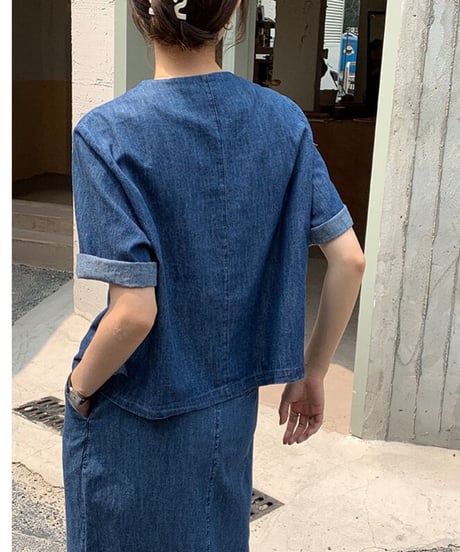 no collar denim jacket(half sleeve)/2color