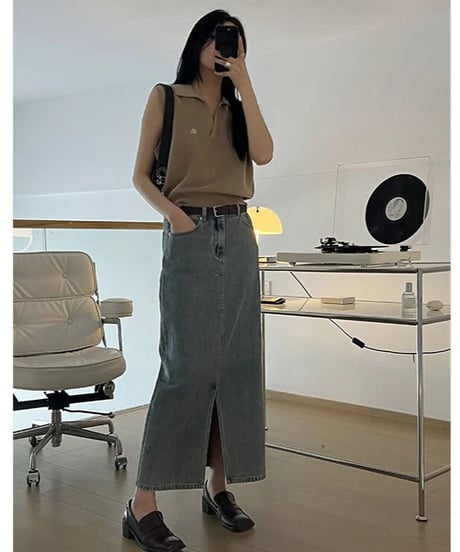 front slit denim long skirt