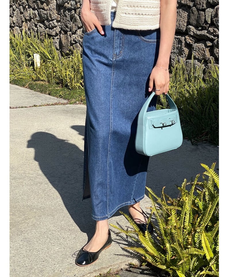 side slit denim long skirt | as.style