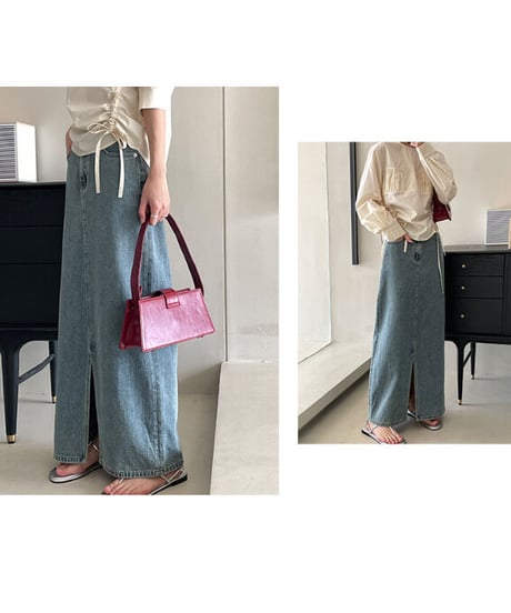 front slit denim long skirt
