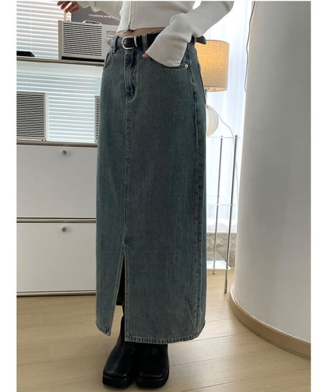 front slit denim long skirt
