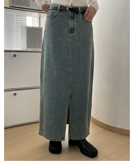 front slit denim long skirt