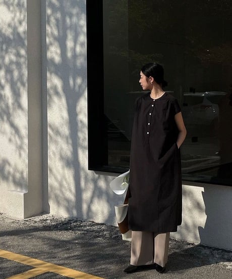 band collar french sleeve one-piece/3color