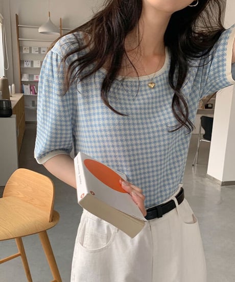 square neck check tops/2color