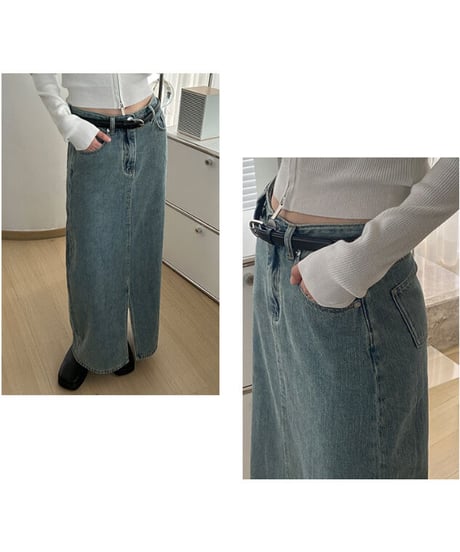 front slit denim long skirt