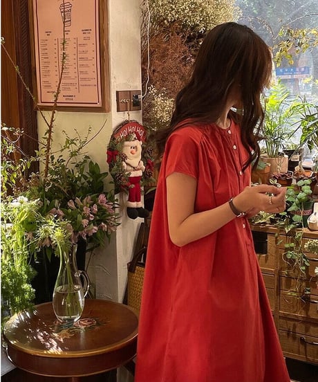 band collar french sleeve one-piece/3color