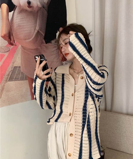 [OUTLET]stripe open collar cardigan
