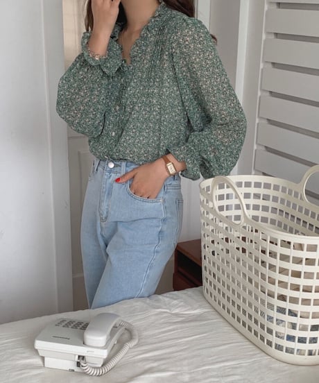 flower V neck chiffon blouse/3color