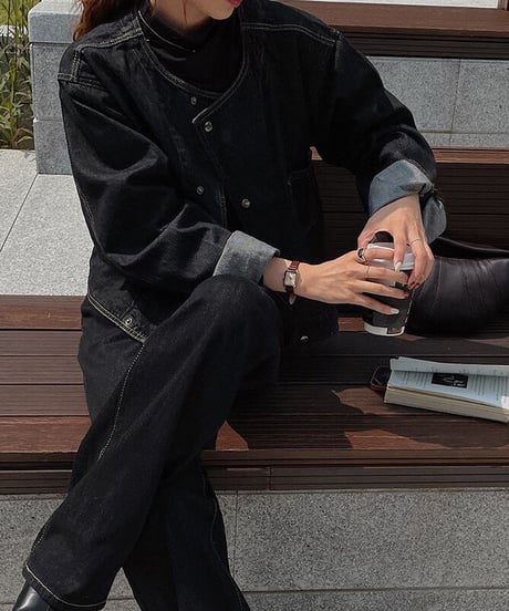 [OUTLET]no collar denim jacket/2color