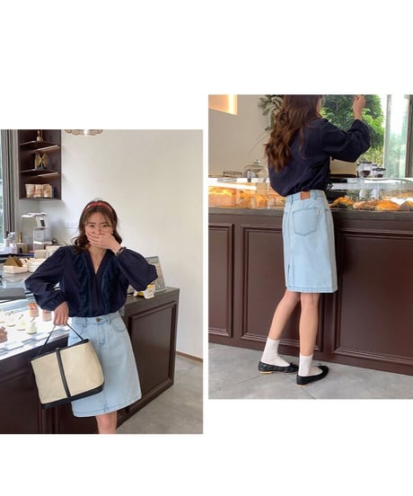 simple middle denim skirt/2color