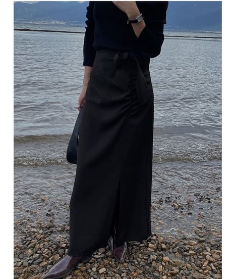 ribbon tight long skirt/2color