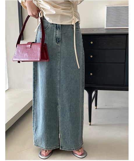 front slit denim long skirt