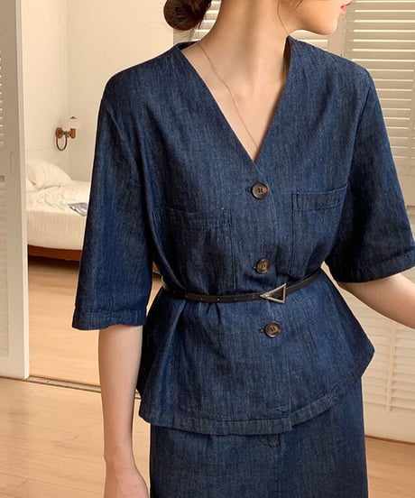 no collar denim jacket(half sleeve)/2color