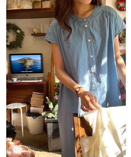 band collar french sleeve one-piece/3color