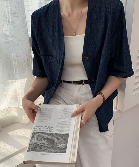 no collar denim jacket(half sleeve)/2color
