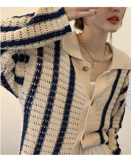 [OUTLET]stripe open collar cardigan