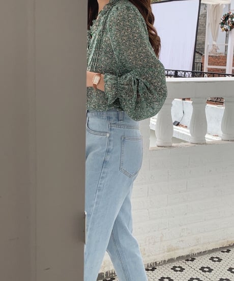 flower V neck chiffon blouse/3color