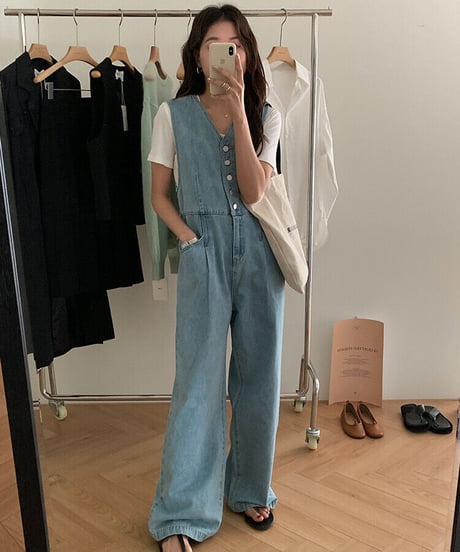 sleeveless denim jump suit/2color